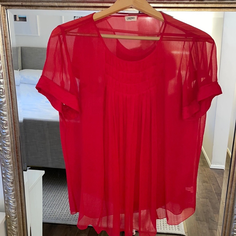 L’agence red 100% silk sheer red flowy top.